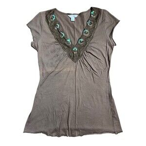 Y2K anchor blue vneck shirt beaded sequin trim boho forest fairy Sz L